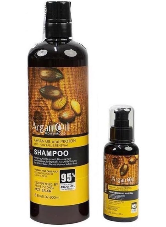 Protein queen Moroccan Argan Oil ( 2pcs- Shampoo and Hair Oil ) Sulfate Free, Perfect for Damaged, Dry, Curly, Frizzy Hair - Thickening Formula for Fine/Thin Hair, Safe for Color and Keratin Treated Hair. - Image 1
